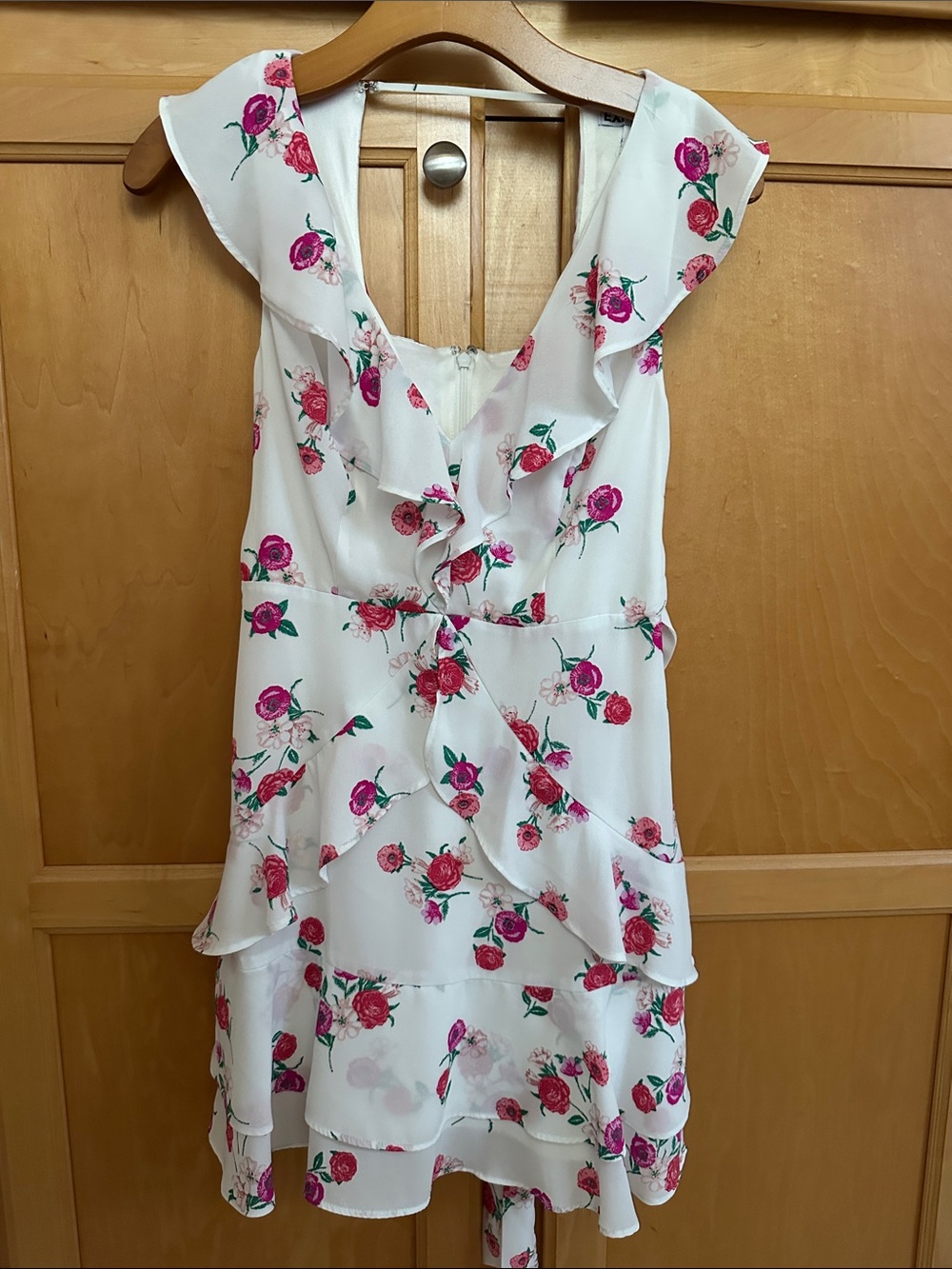 Express White Mini Dress with Pink Rose Print and Ruffles